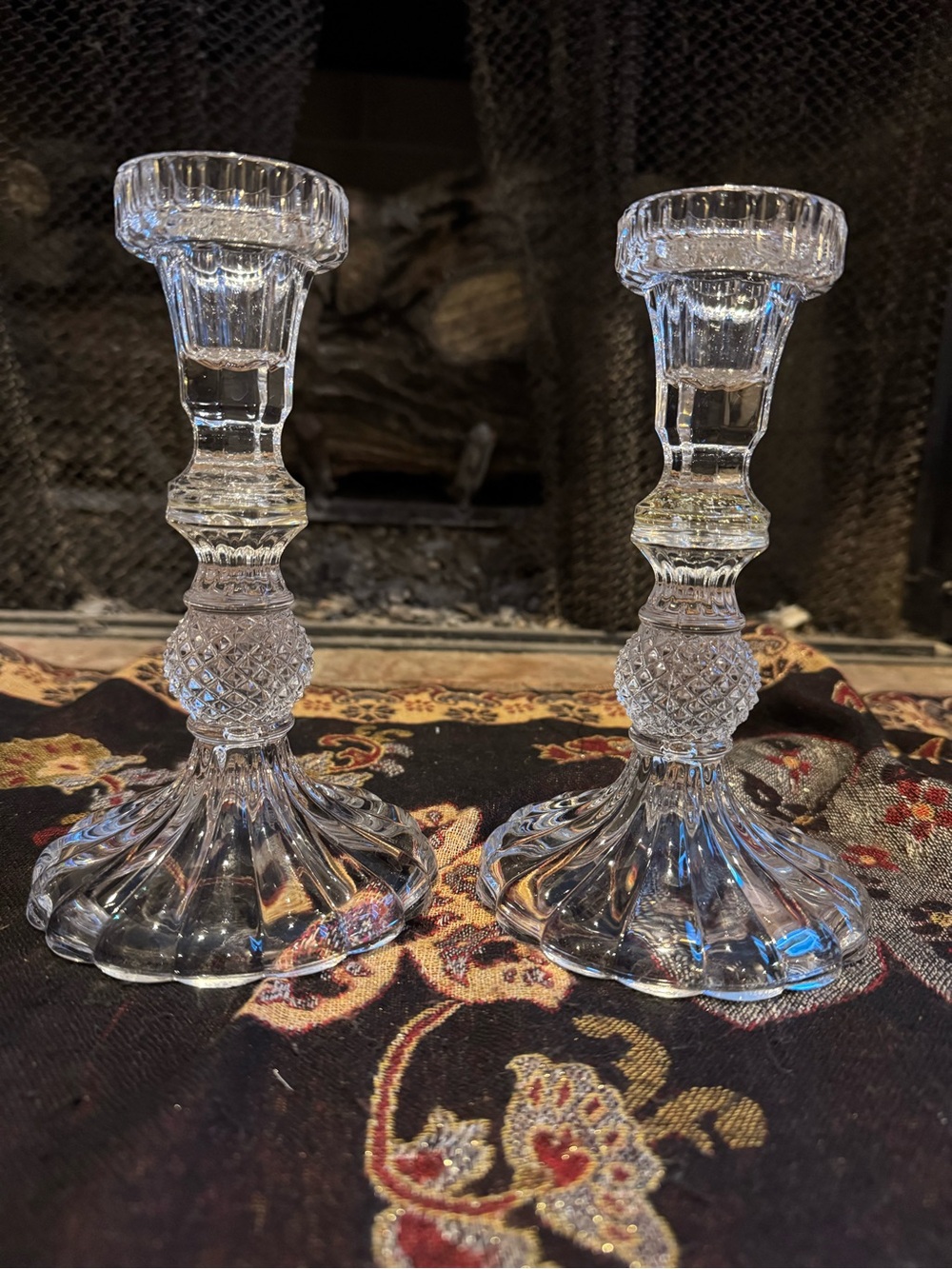 ANTIQUE PAIR CLEAR GLASS PRESSED CUT DESIGN CANDLESTICKS 7.5"TALL
